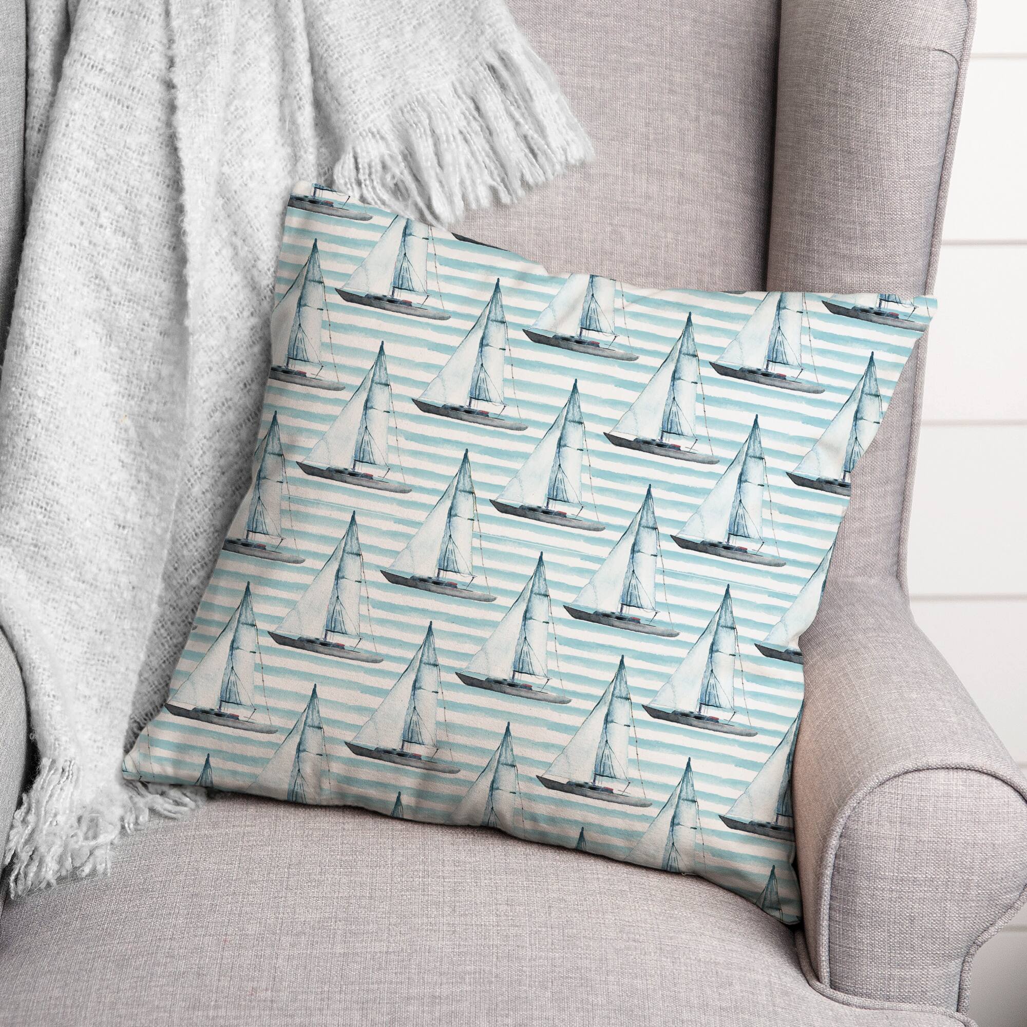 Blue Boats on Stripes Throw Pillow